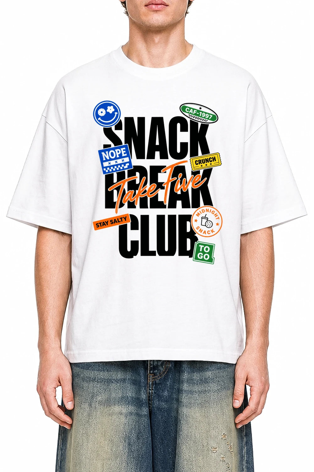 Snack Break Club White graphic T-shirt on model, front view