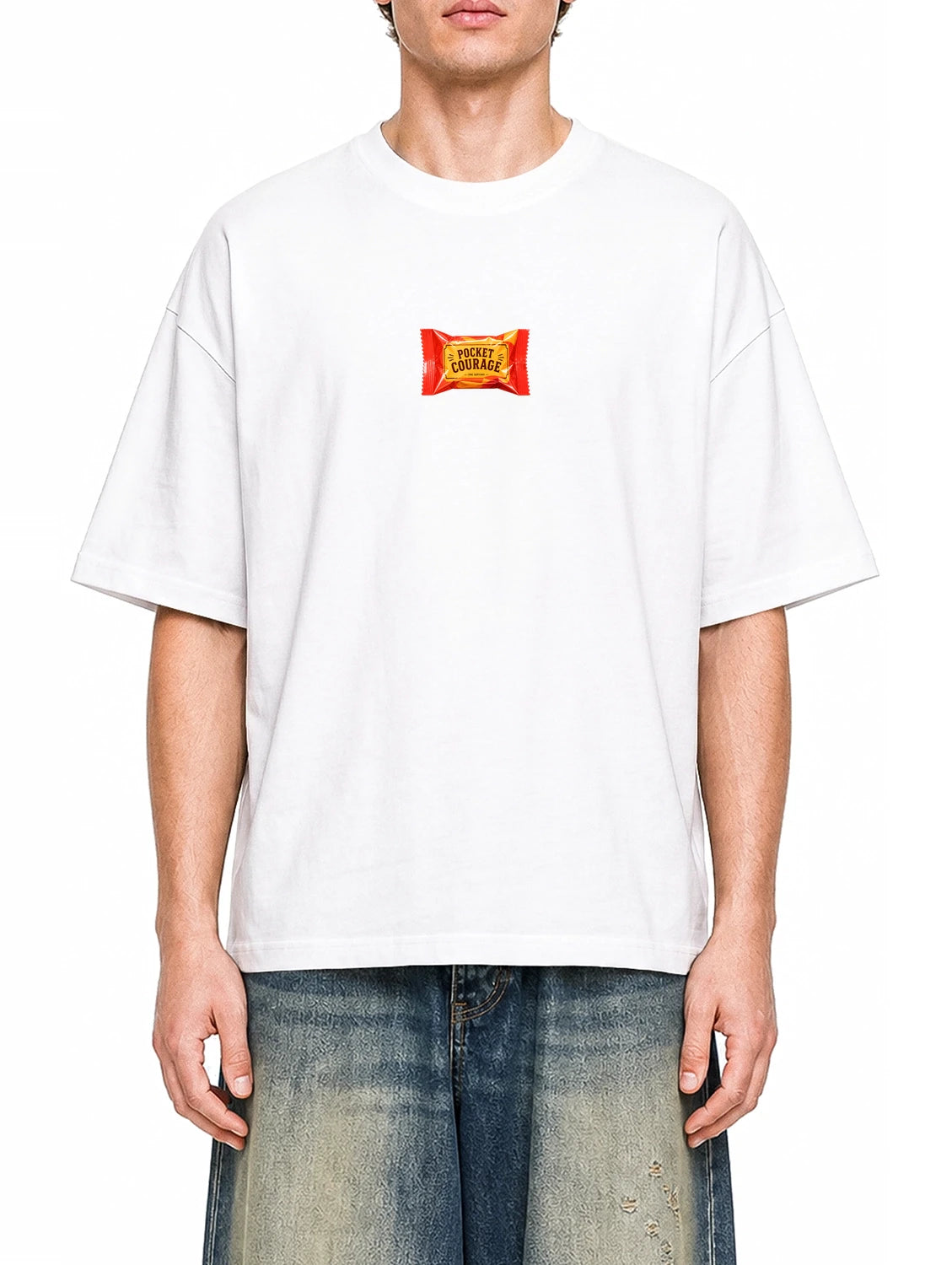 Pocket Courage White graphic T-shirt on model, front view