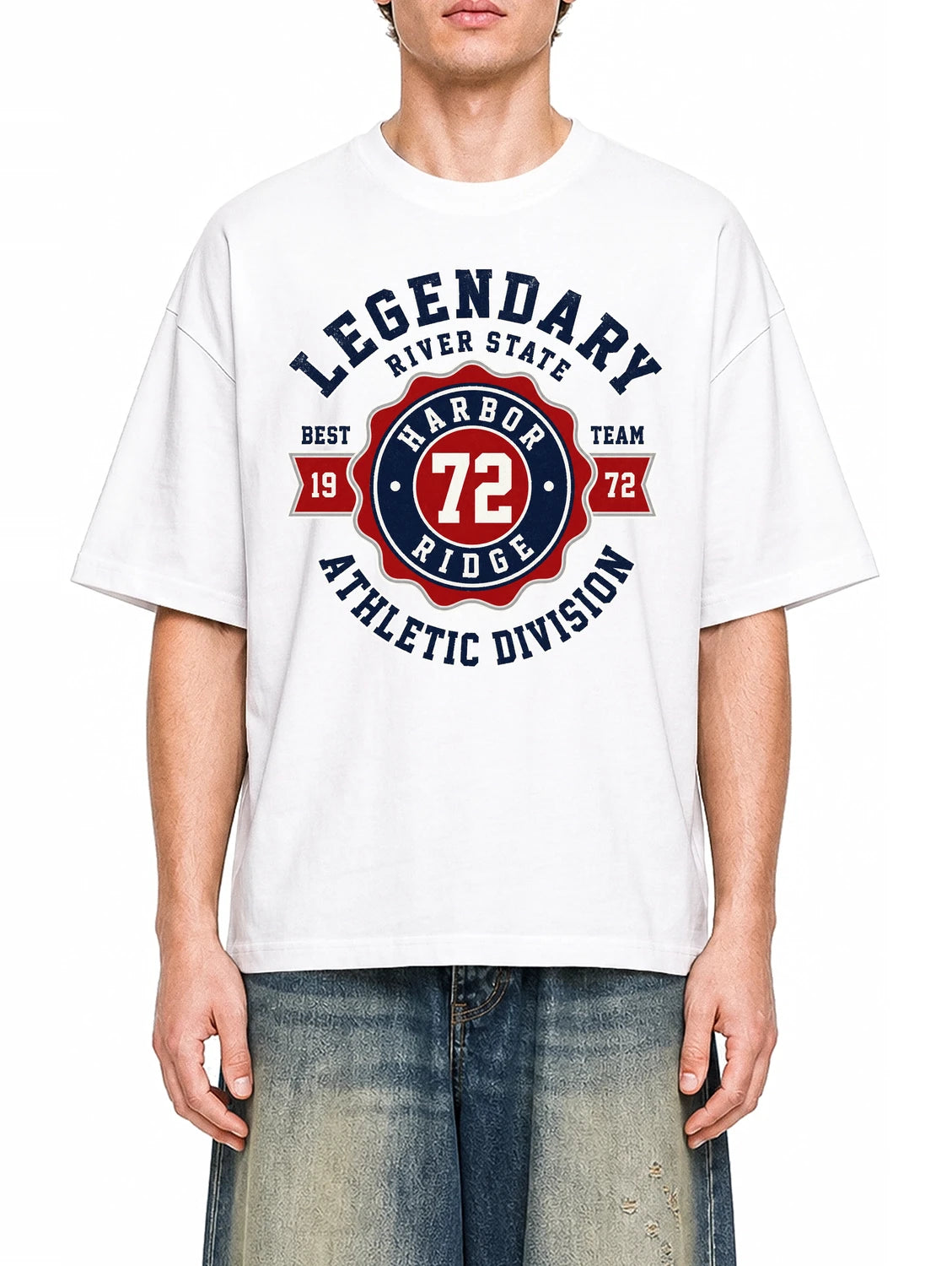 River State Division White graphic T-shirt on model, front view