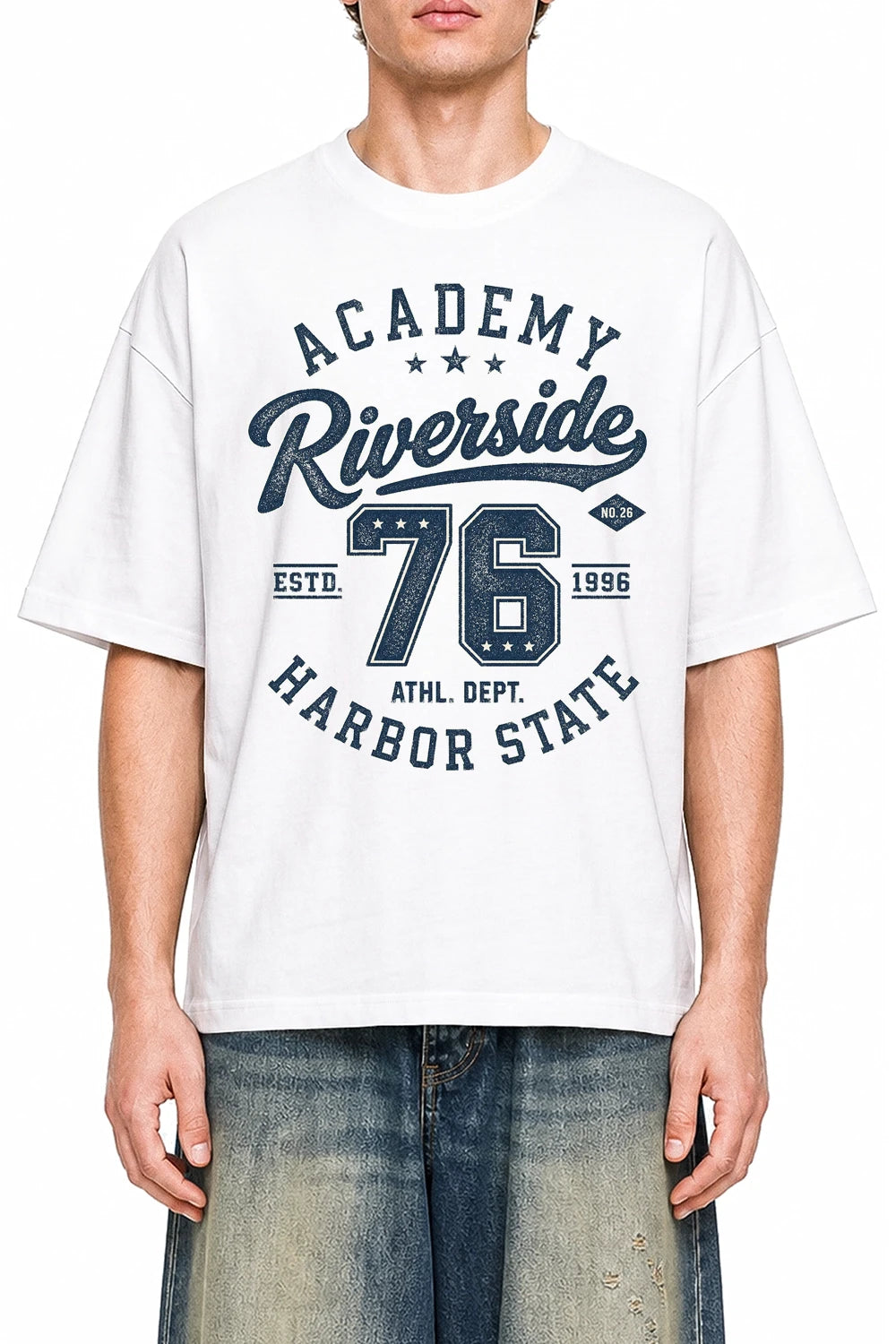 Riverside Academy White graphic T-shirt on model, front view