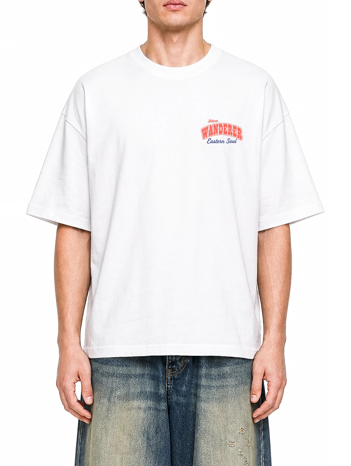 Filova Wanderer Eastern Soul White graphic T-shirt on model, front view