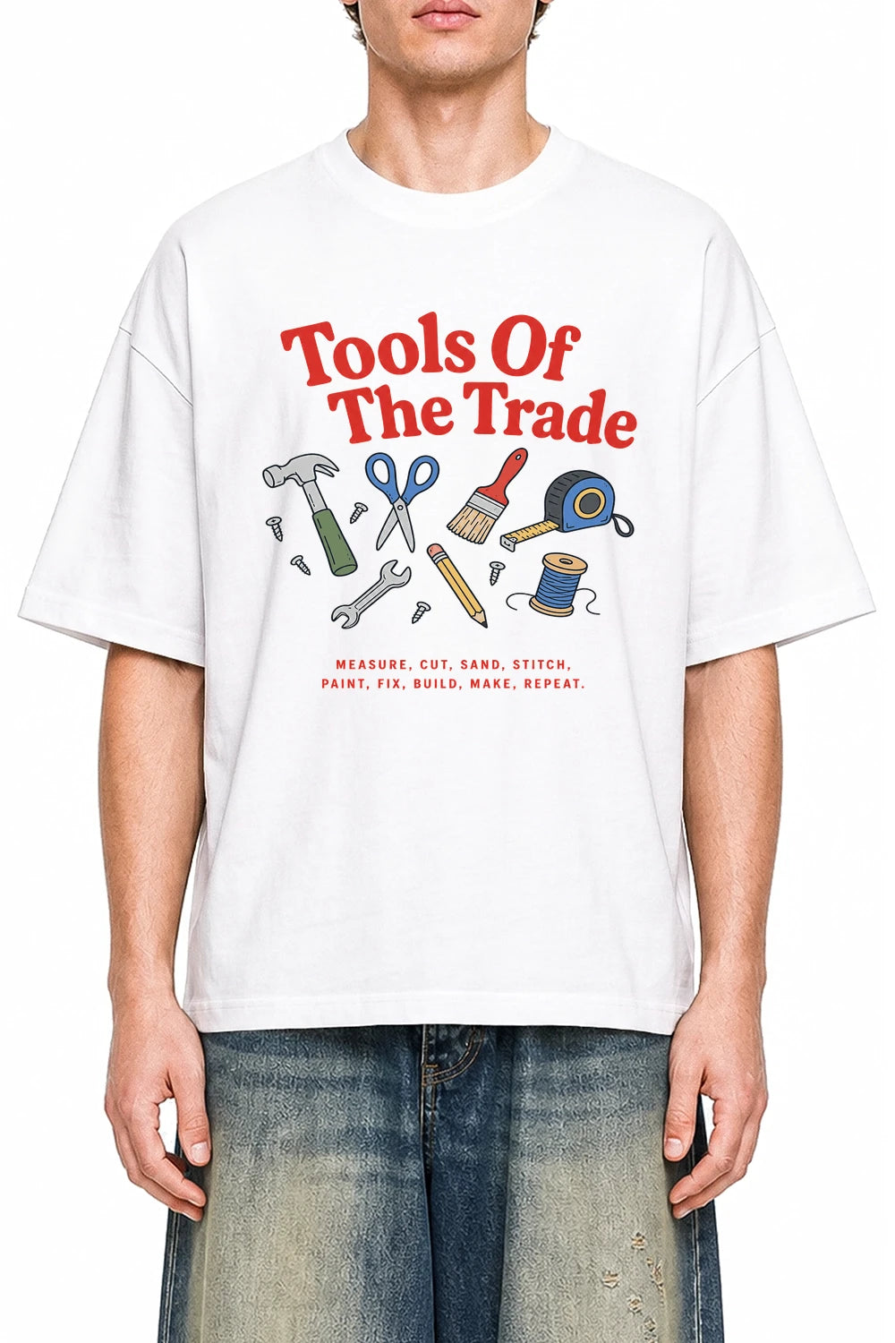 Tools Of The Trade White graphic T-shirt on model, front view