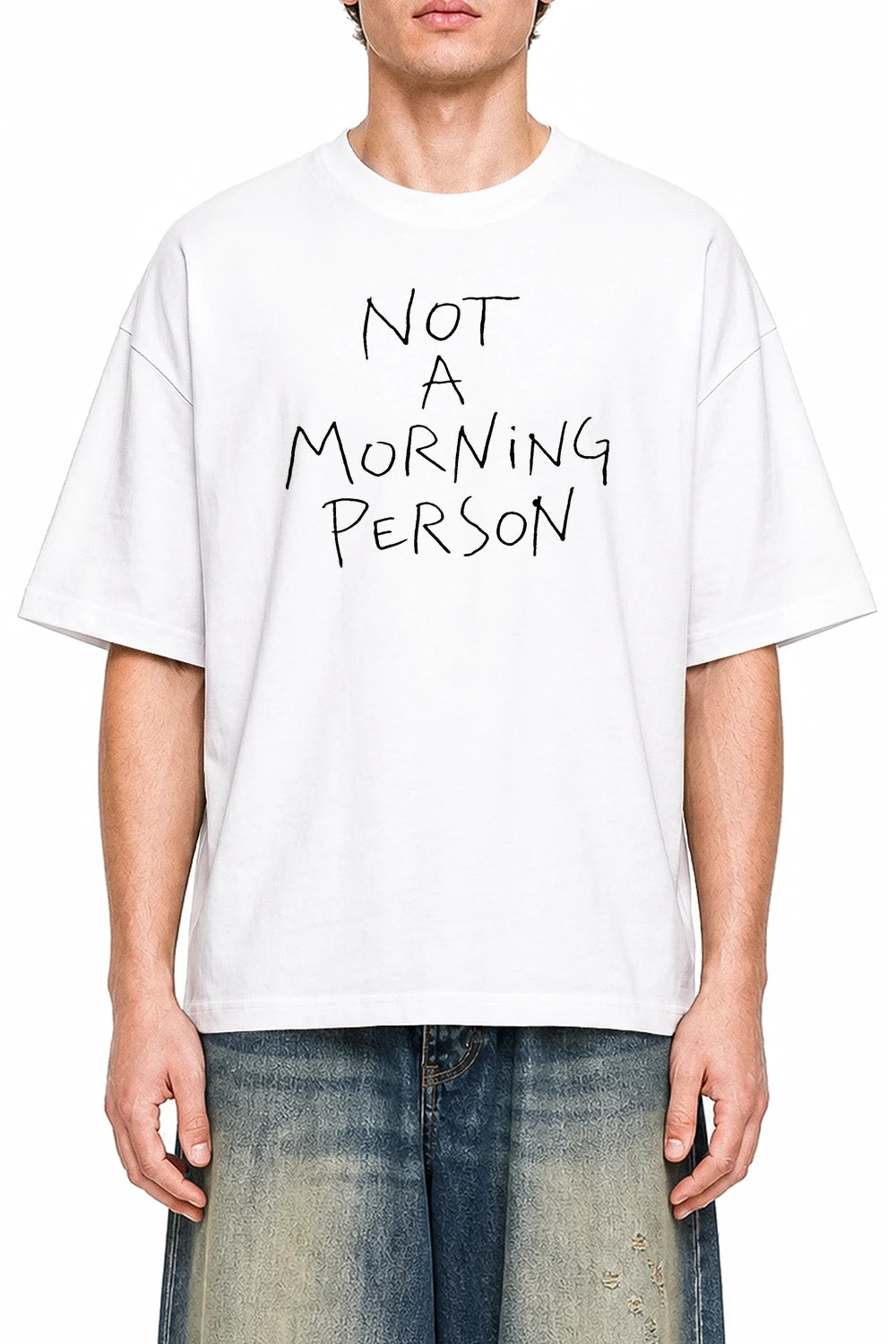 Not A Morning Person White graphic T-shirt on model, front view