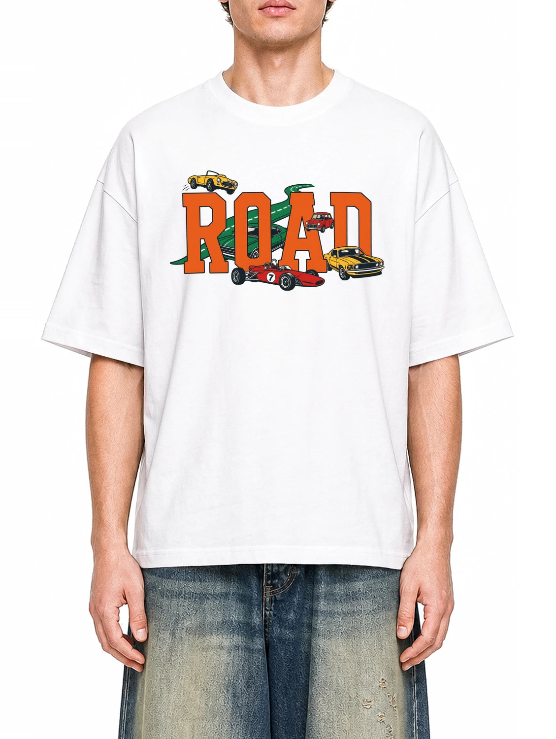 Road Rally White graphic T-shirt on model, front view