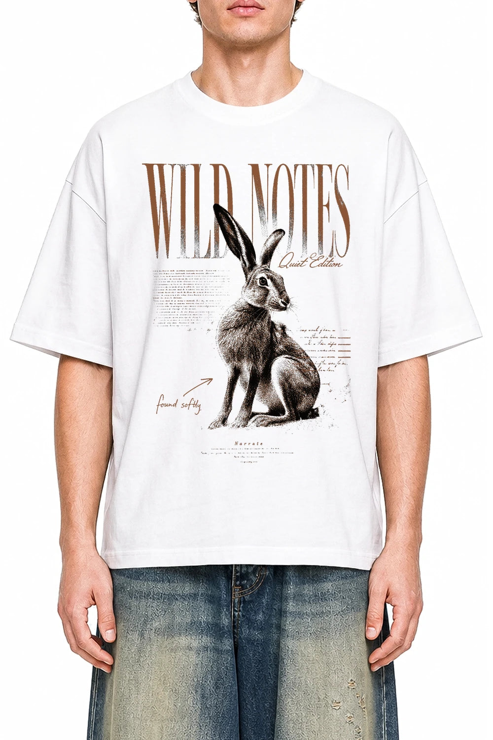 Wild Notes White graphic T-shirt on model, front view