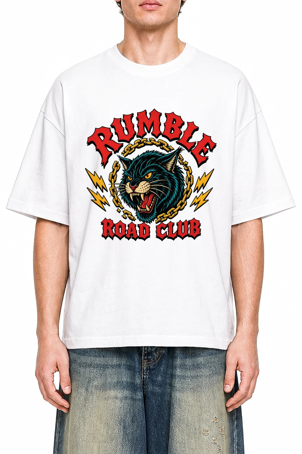 Rumble Road Club White graphic T-shirt on model, front view