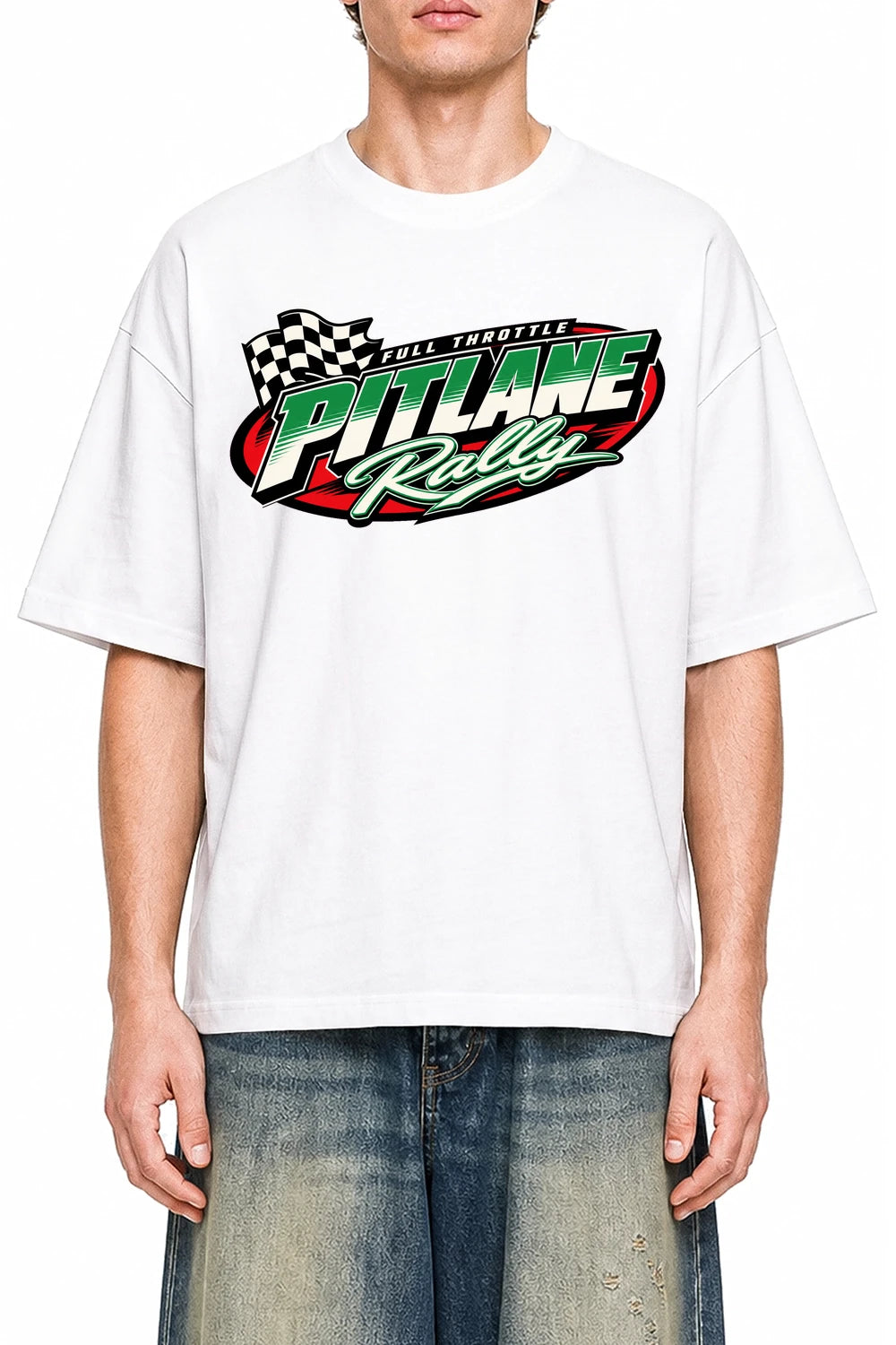 Pitlane Rally White graphic T-shirt on model, front view