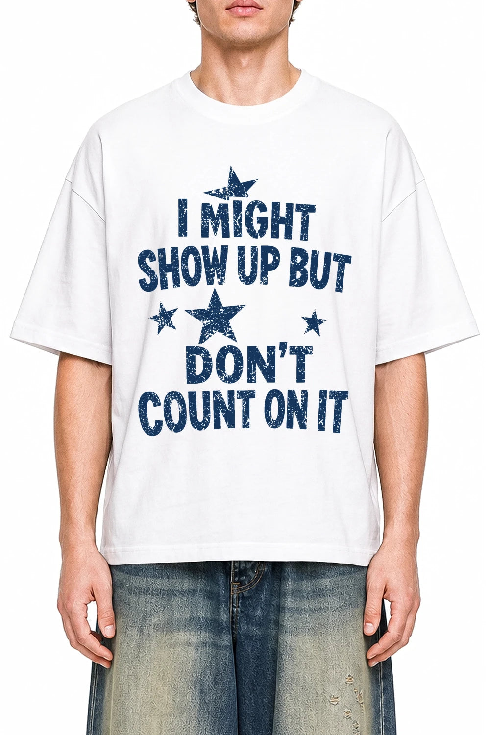 Don't Count On It White graphic T-shirt on model, front view