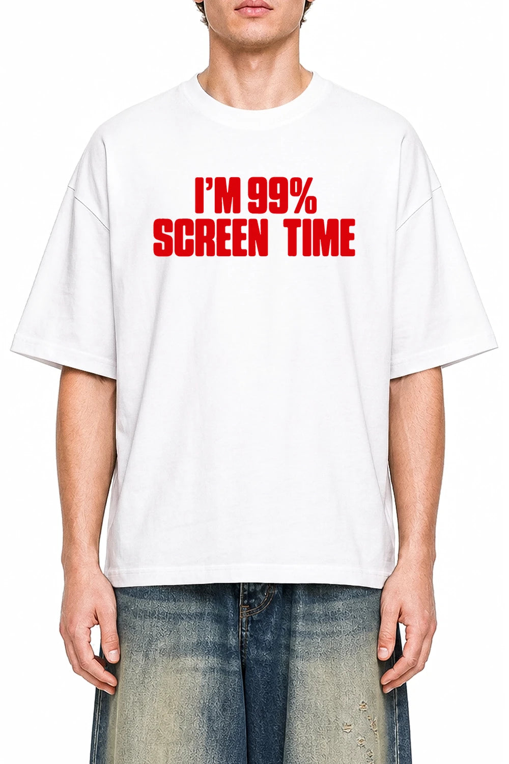 Im 99% Screen Time White graphic T-shirt on model, front view
