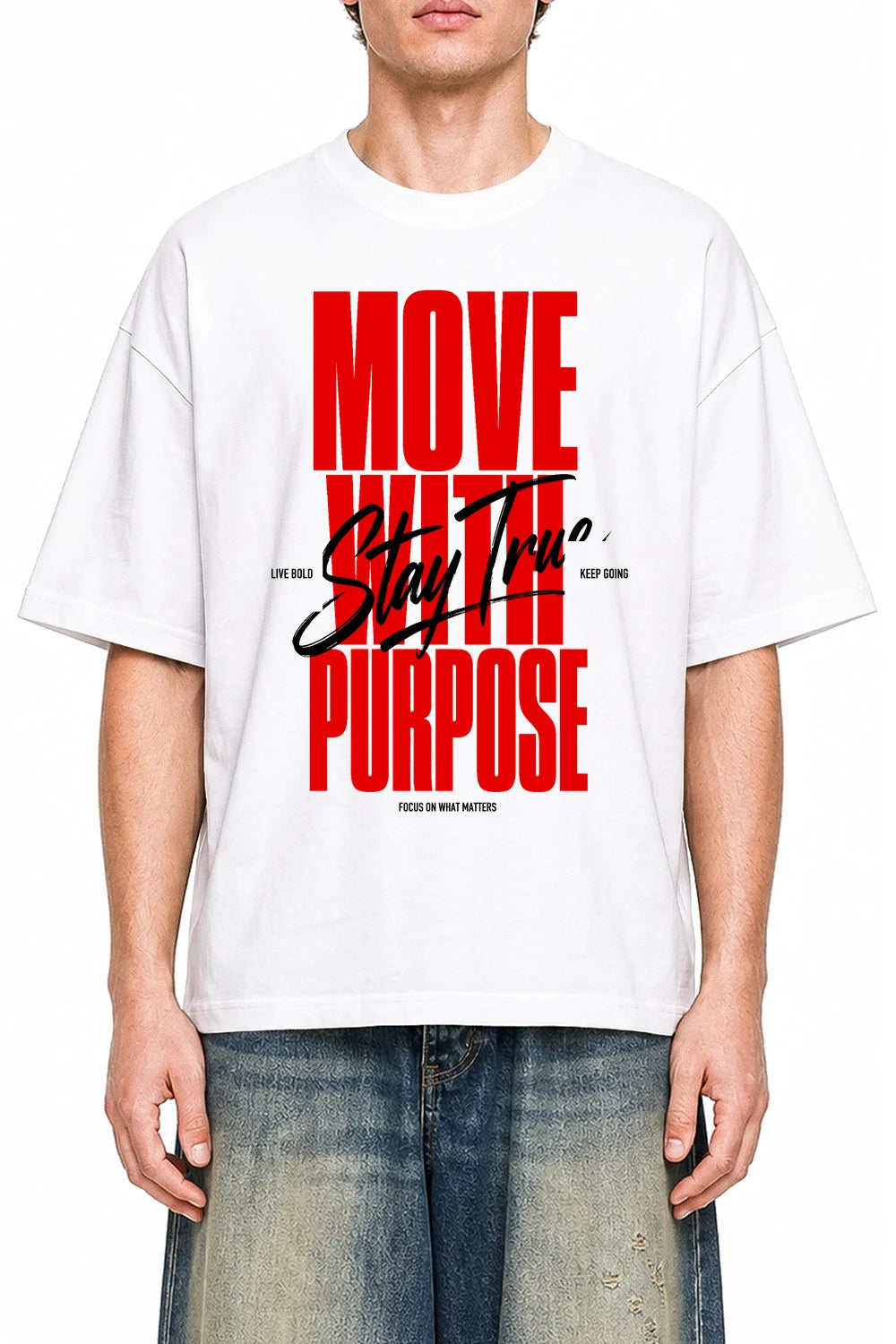 Move With Purpose White graphic T-shirt on model, front view
