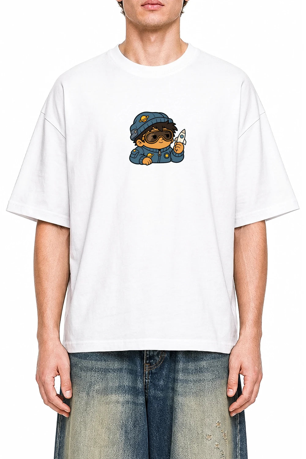 Pocket Orbit White graphic T-shirt on model, front view