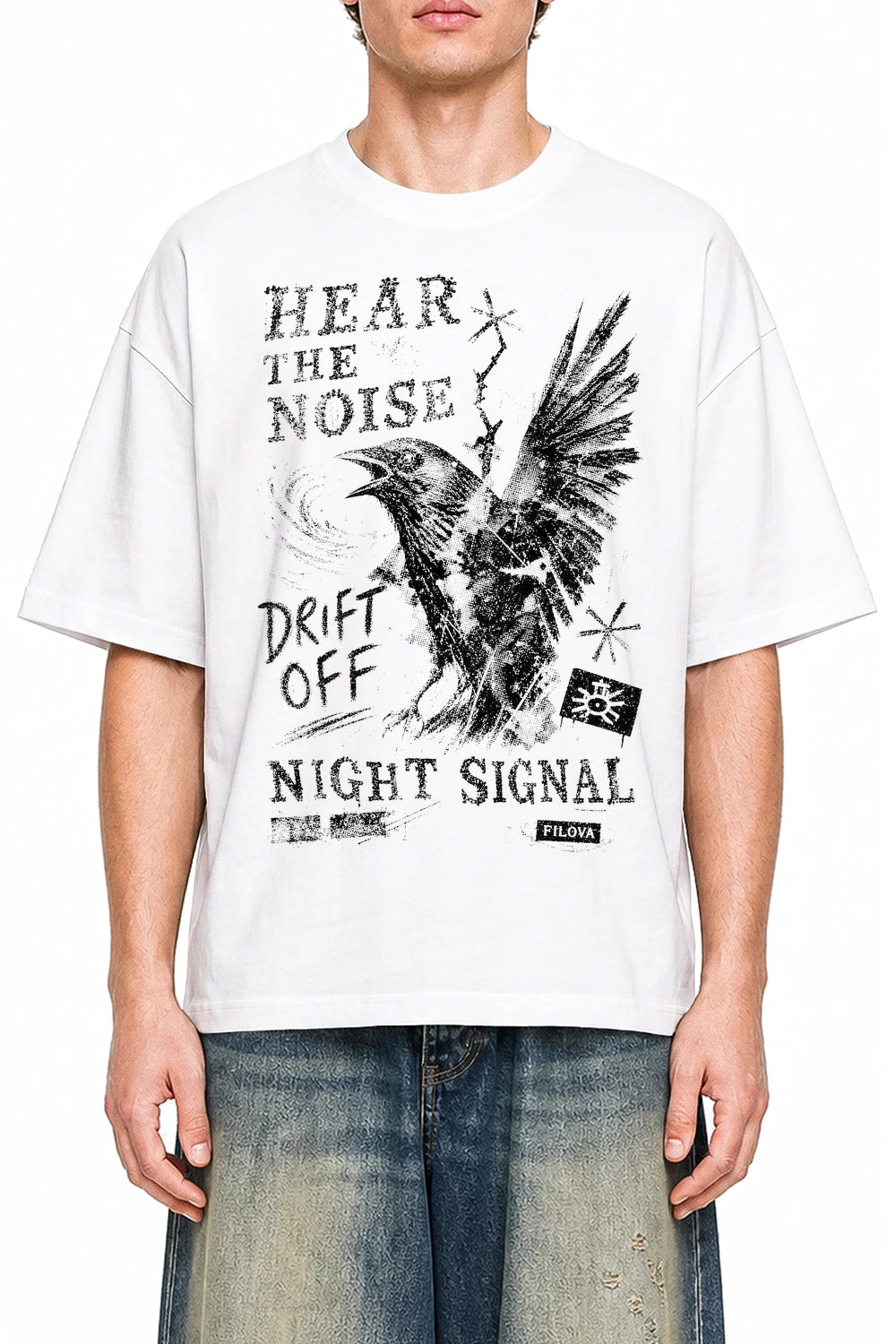 Hear The Noise White graphic T-shirt on model, front view