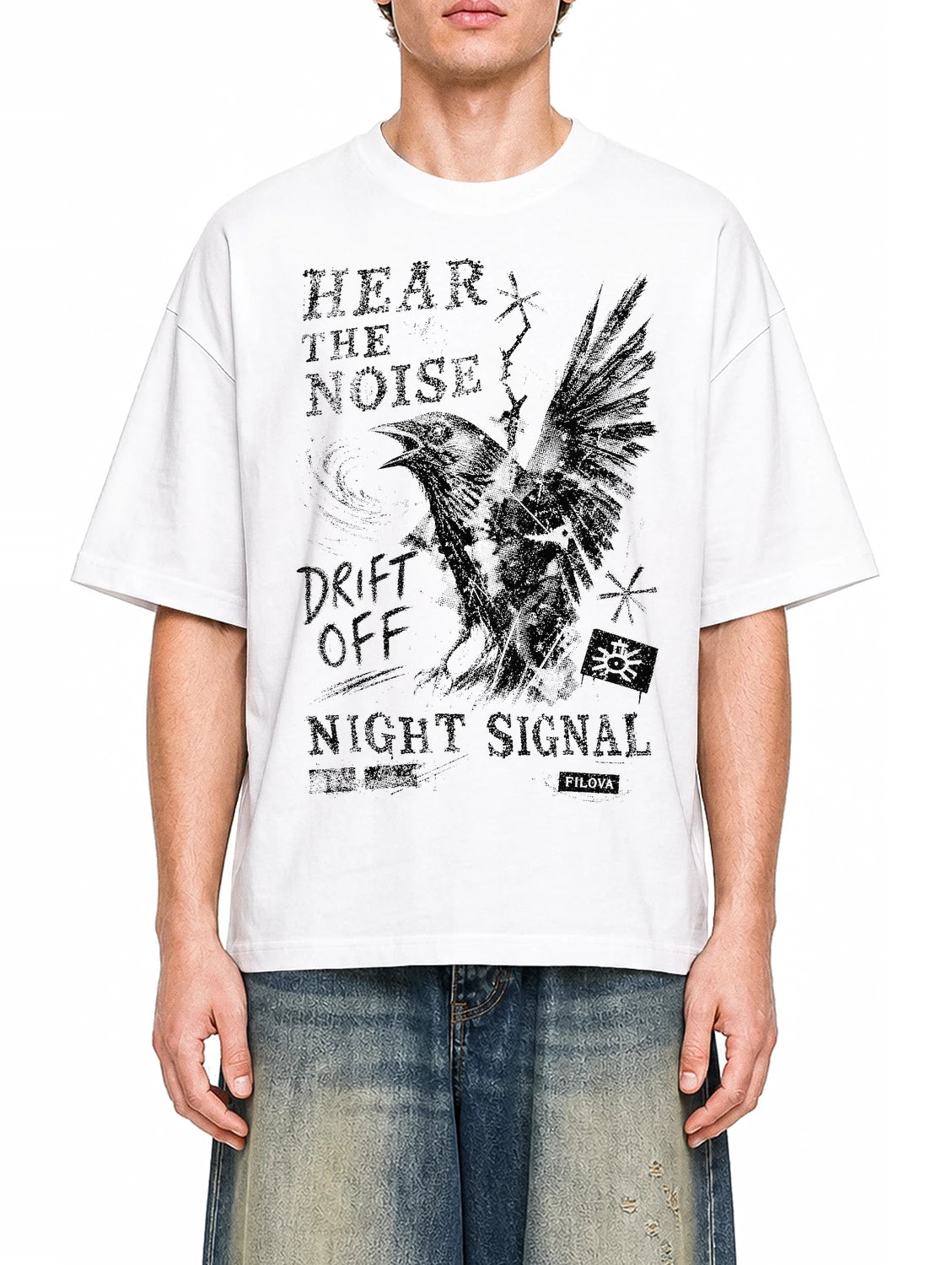 Hear The Noise White graphic T-shirt on model, front view
