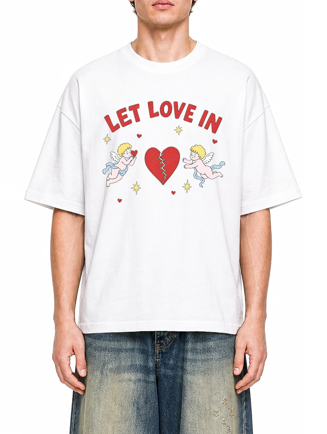 Let Love In White graphic T-shirt on model, front view