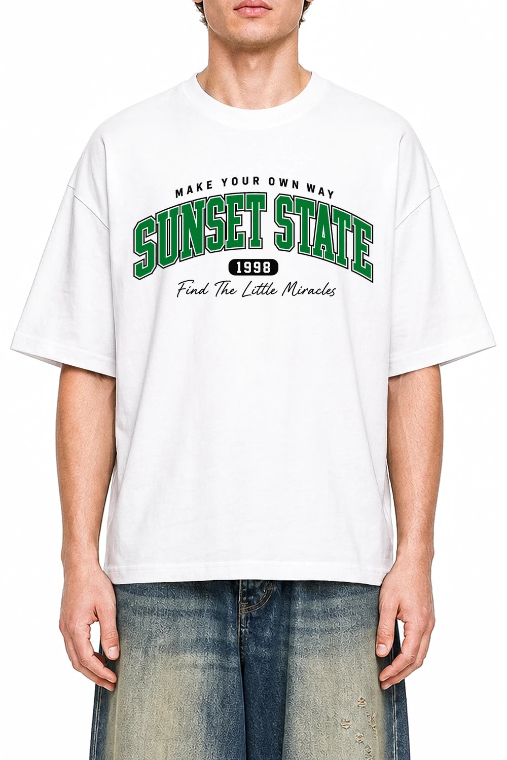Sunset State White graphic T-shirt on model, front view
