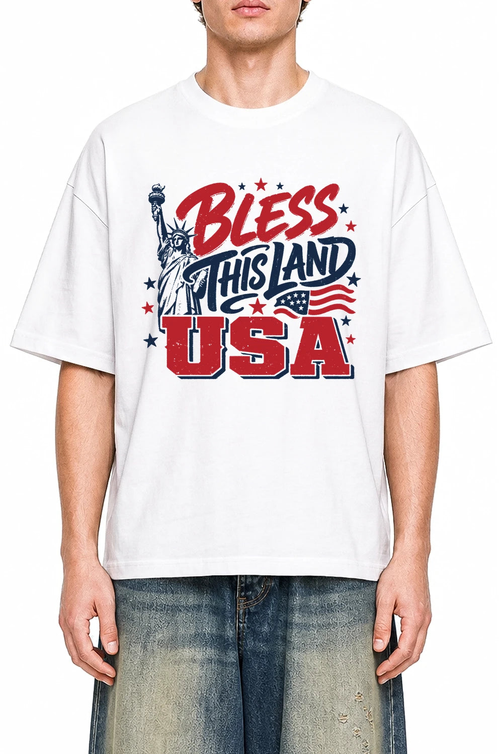 Bless This Land USA White graphic T-shirt on model, front view