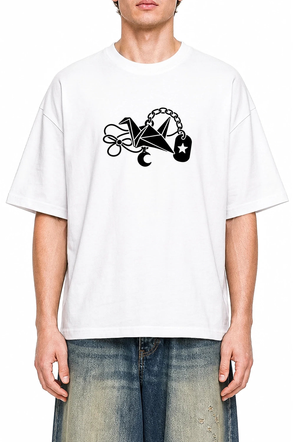 Lucky Crane Charm White graphic T-shirt on model, front view