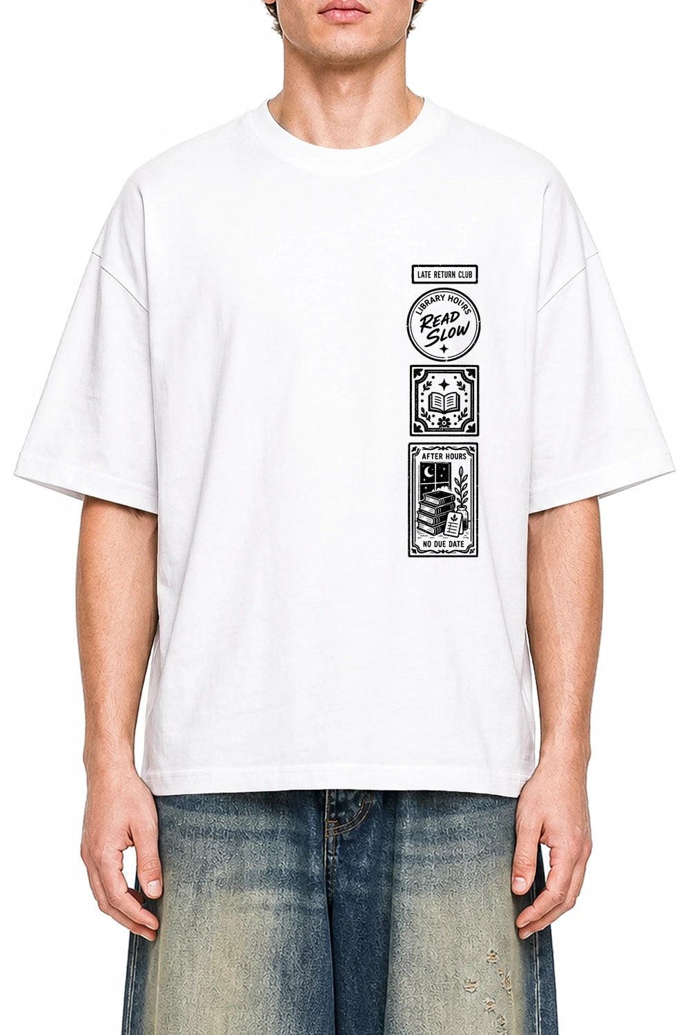Late Return Club White graphic T-shirt on model, front view
