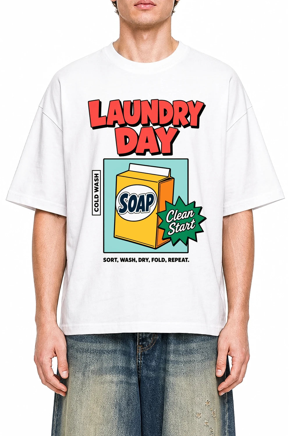 Laundry Day White graphic T-shirt on model, front view