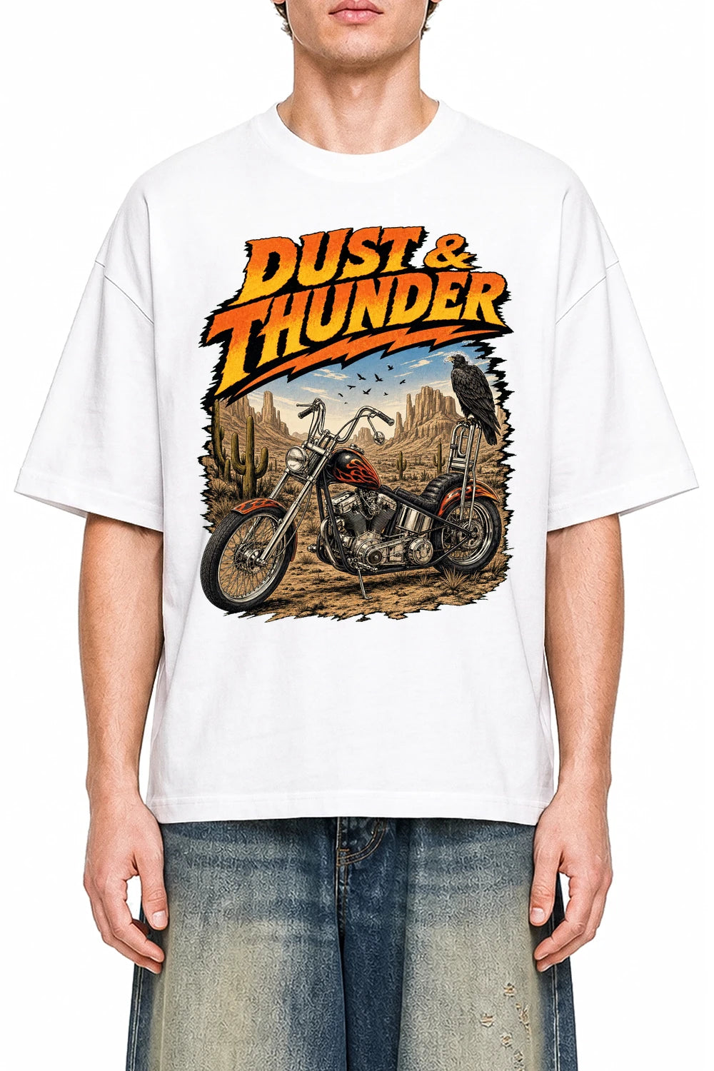 Dust And Thunder White graphic T-shirt on model, front view