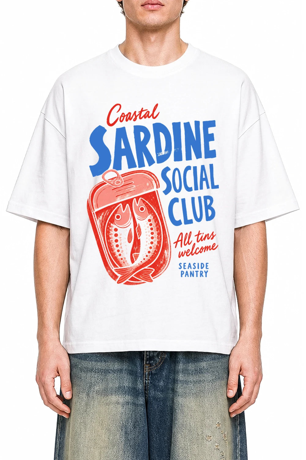 Coastal Sardine Social Club White graphic T-shirt on model, front view