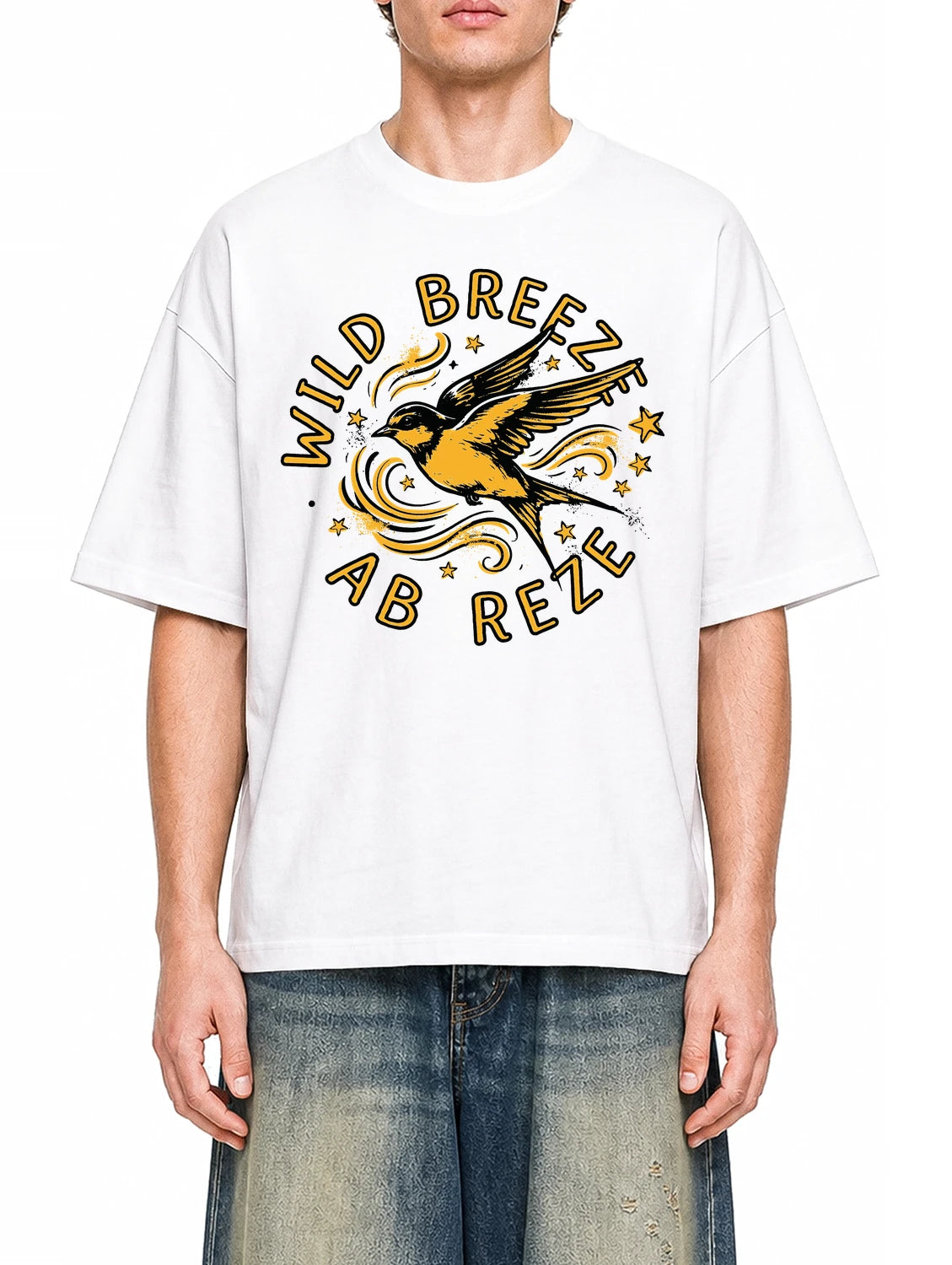 A Gritty Street White graphic T-shirt on model, front view