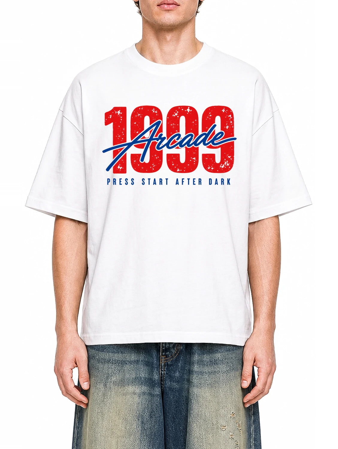 1999 Arcade White graphic T-shirt on model, front view