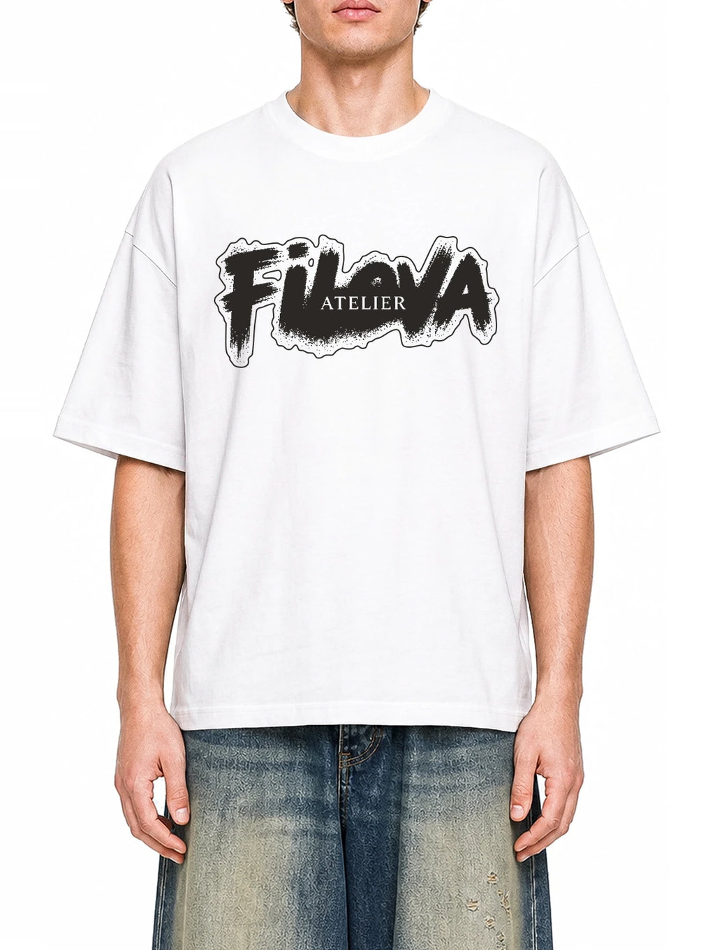 Filova Atelier Brush White graphic T-shirt on model, front view