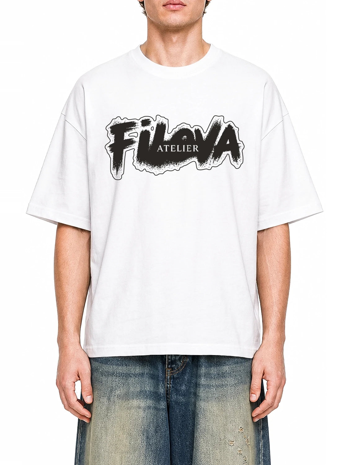 Filova Atelier Brush White graphic T-shirt on model, front view