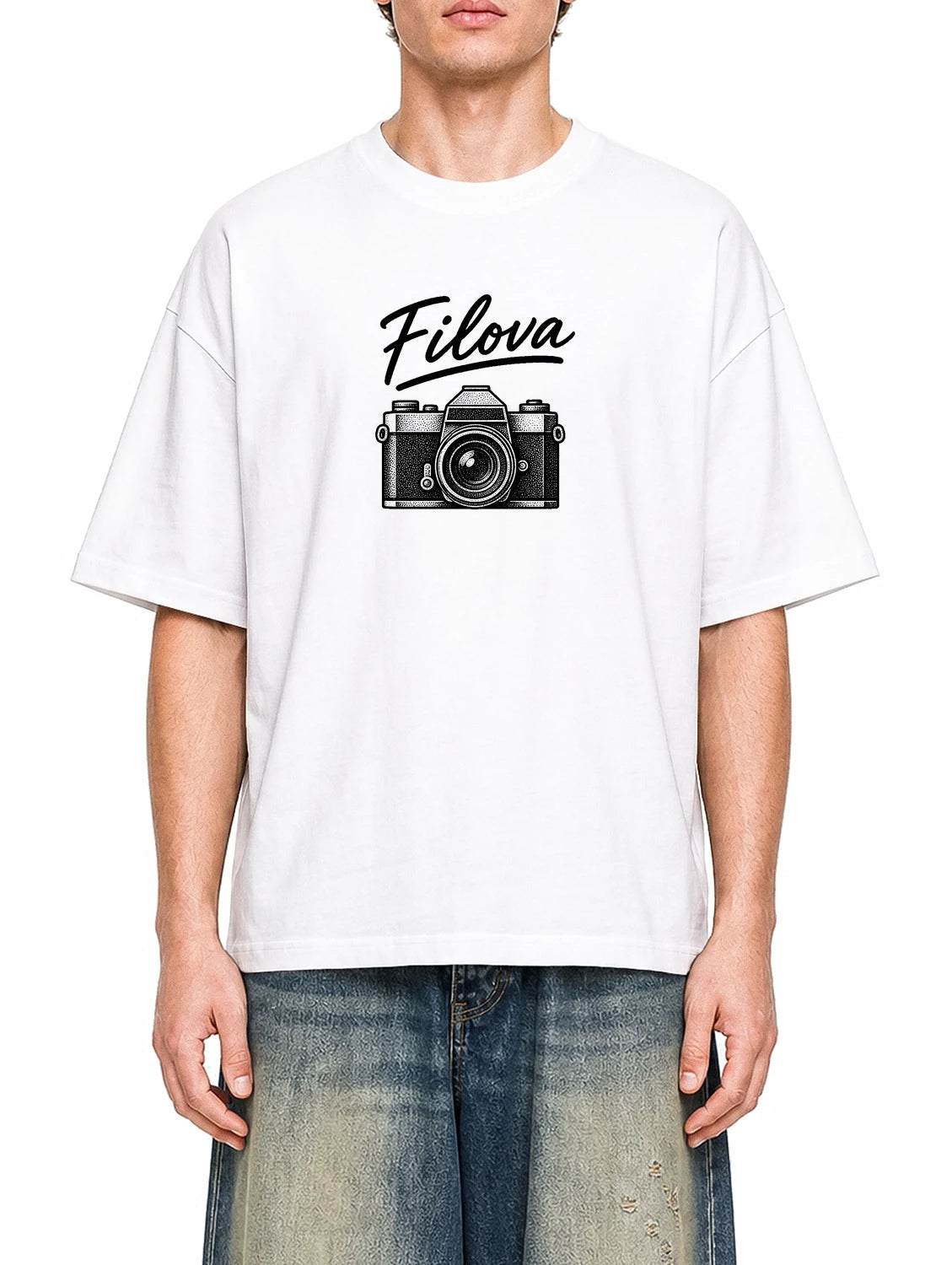 Filova Camera Mark White graphic T-shirt on model, front view