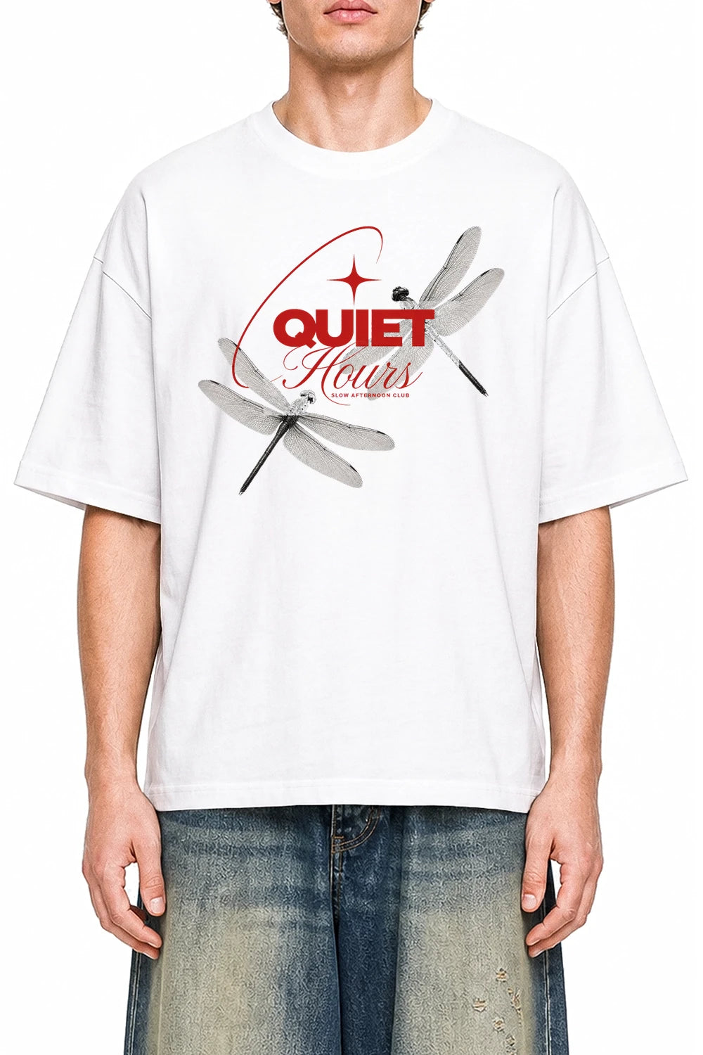 Gentle Hours White graphic T-shirt on model, front view