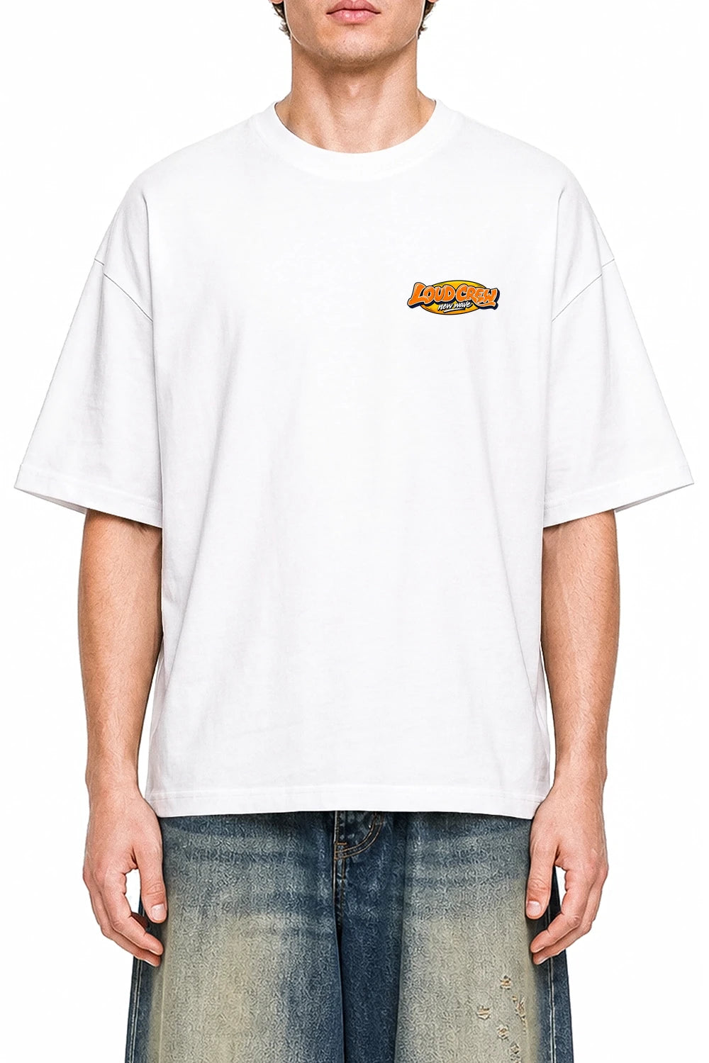 Loud Crew White graphic T-shirt on model, front view