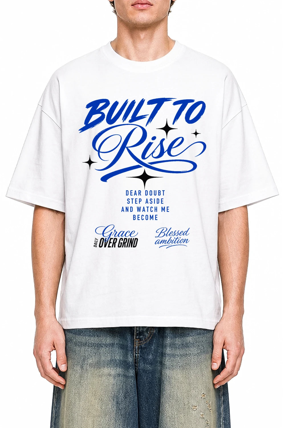 Built To Rise White graphic T-shirt on model, front view