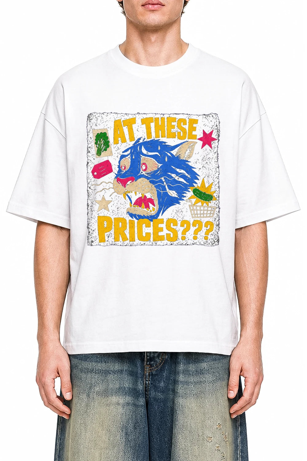 At These Prices White graphic T-shirt on model, front view