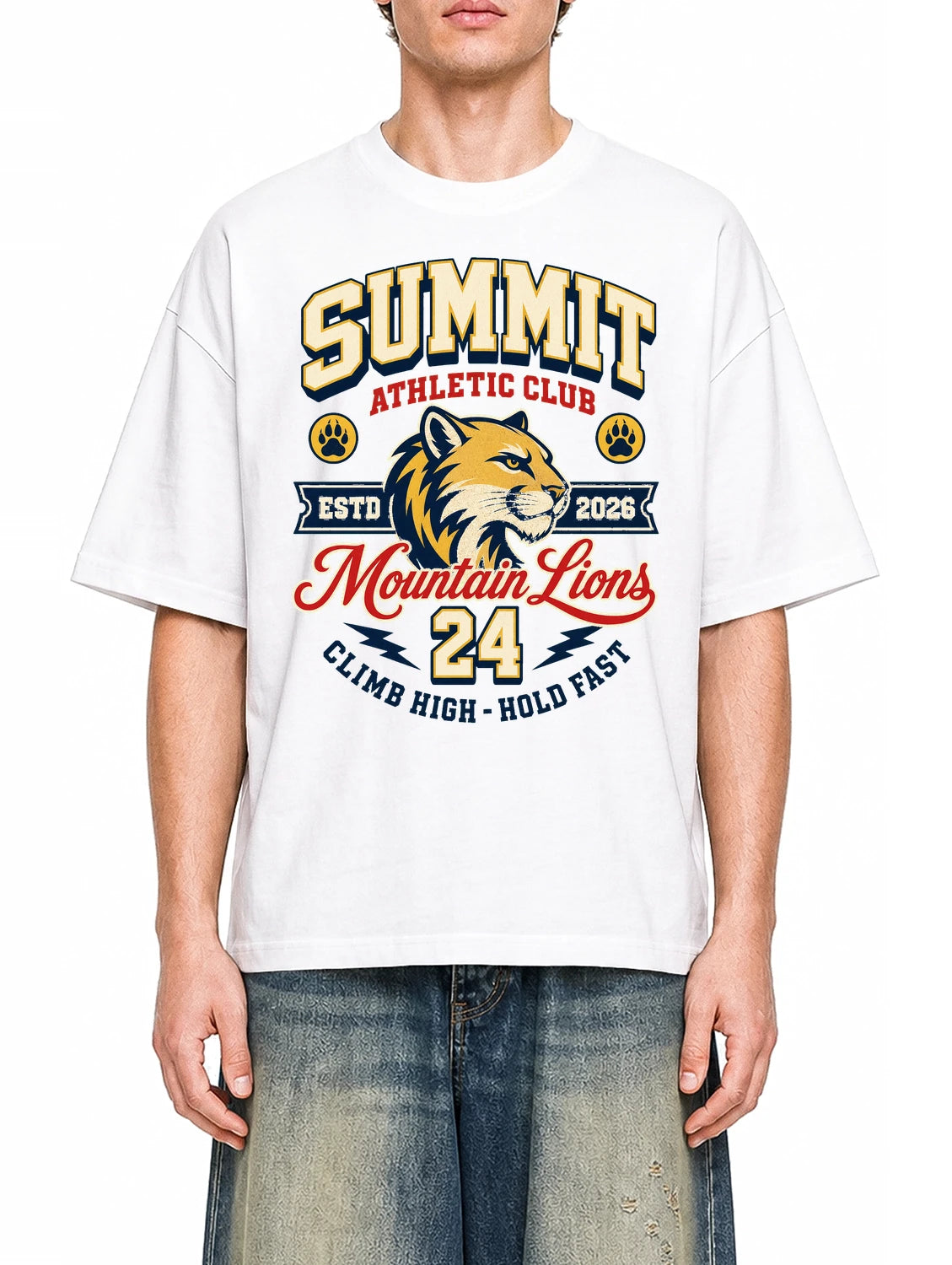 Summit Athletic Club White graphic T-shirt on model, front view