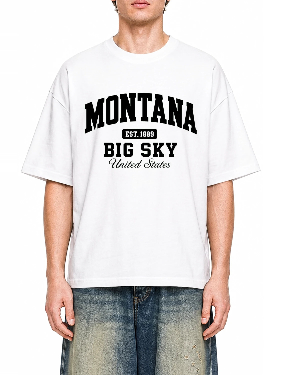 Montana Big Sky White graphic T-shirt on model, front view