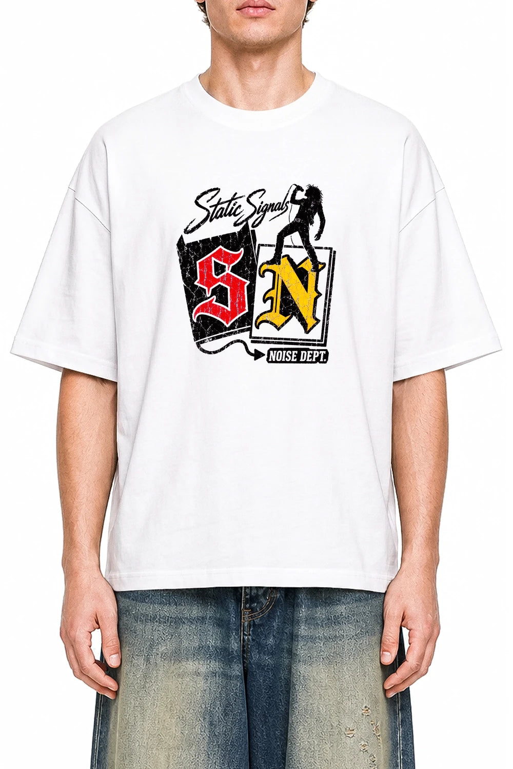 Static Signal White graphic T-shirt on model, front view