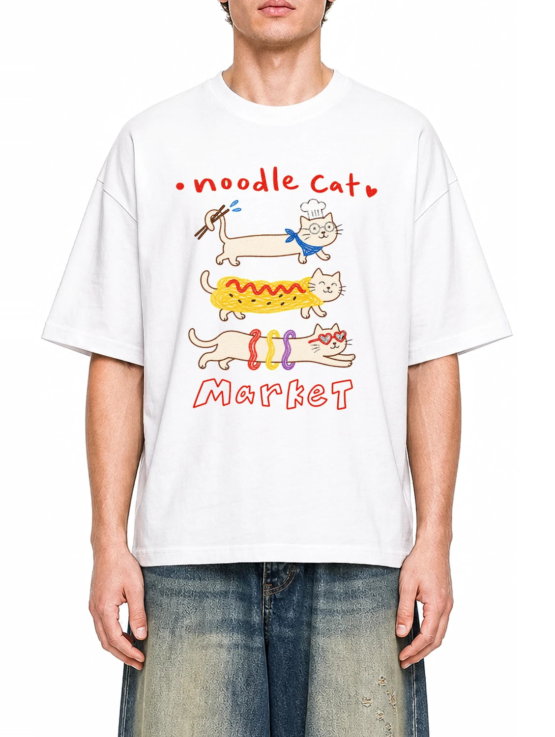 Noodle Cat Market White graphic T-shirt on model, front view