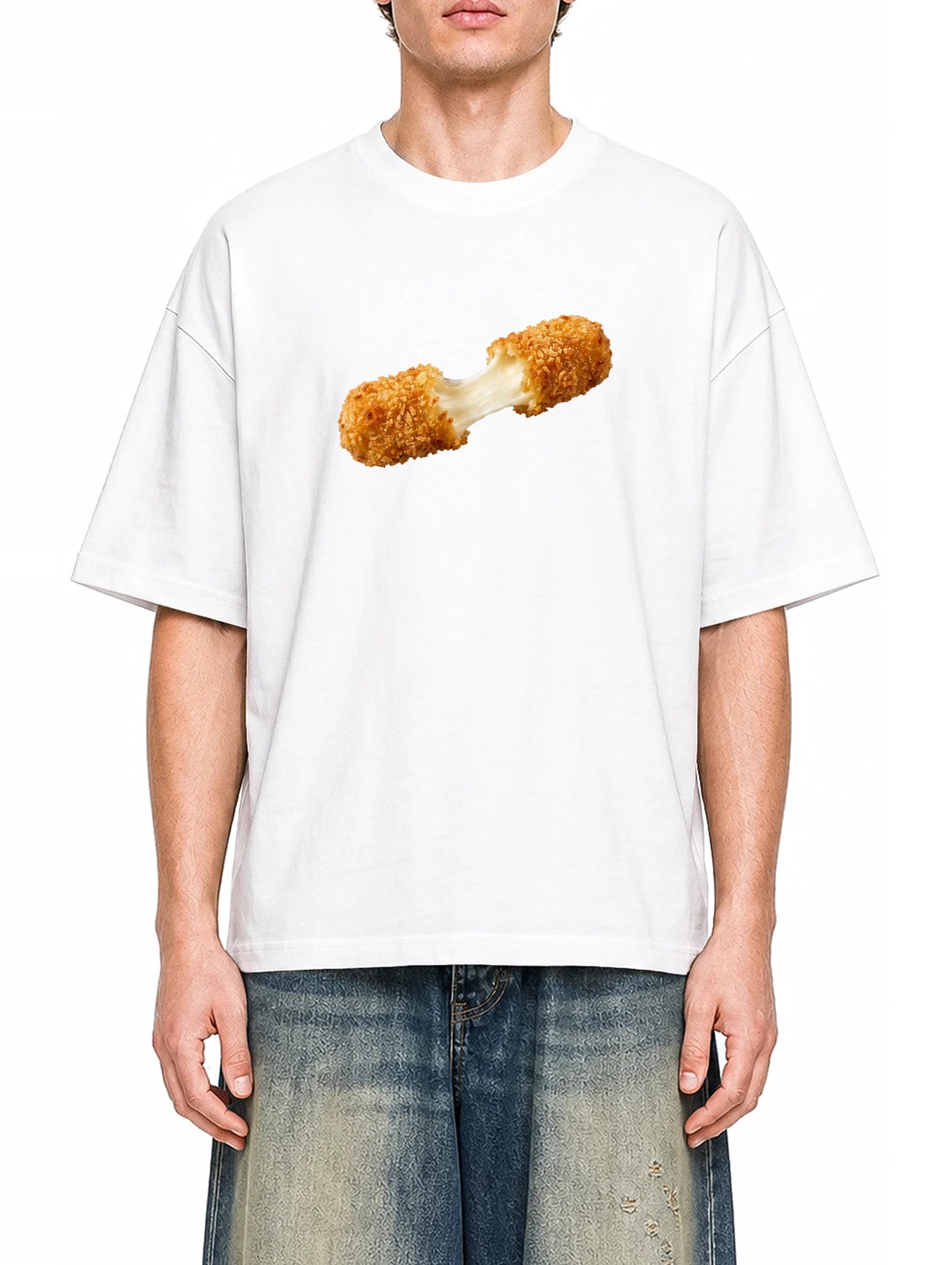 Fried Cheese White graphic T-shirt on model, front view