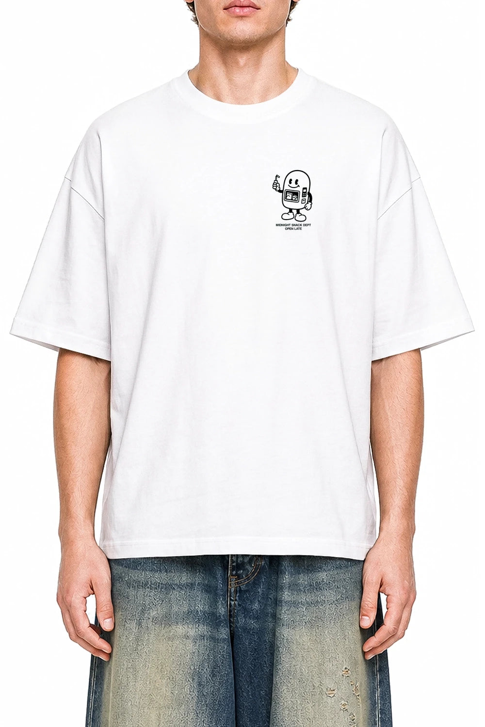 Midnight Snack Dept White graphic T-shirt on model, front view