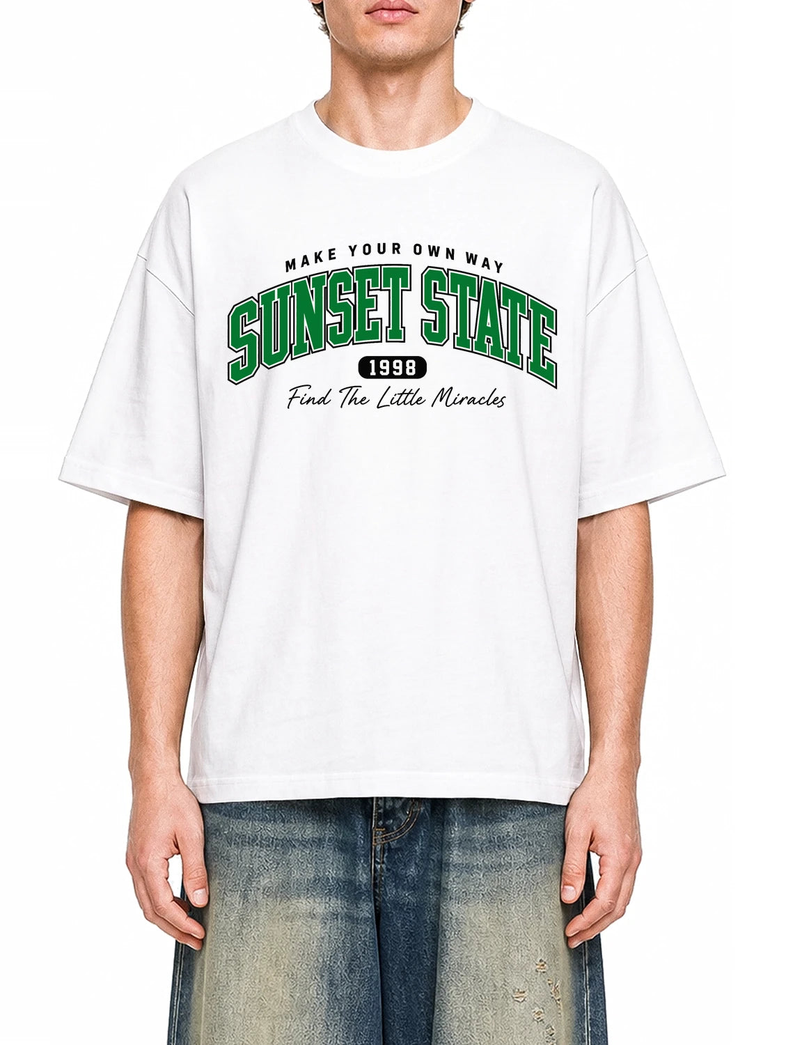Sunset State White graphic T-shirt on model, front view