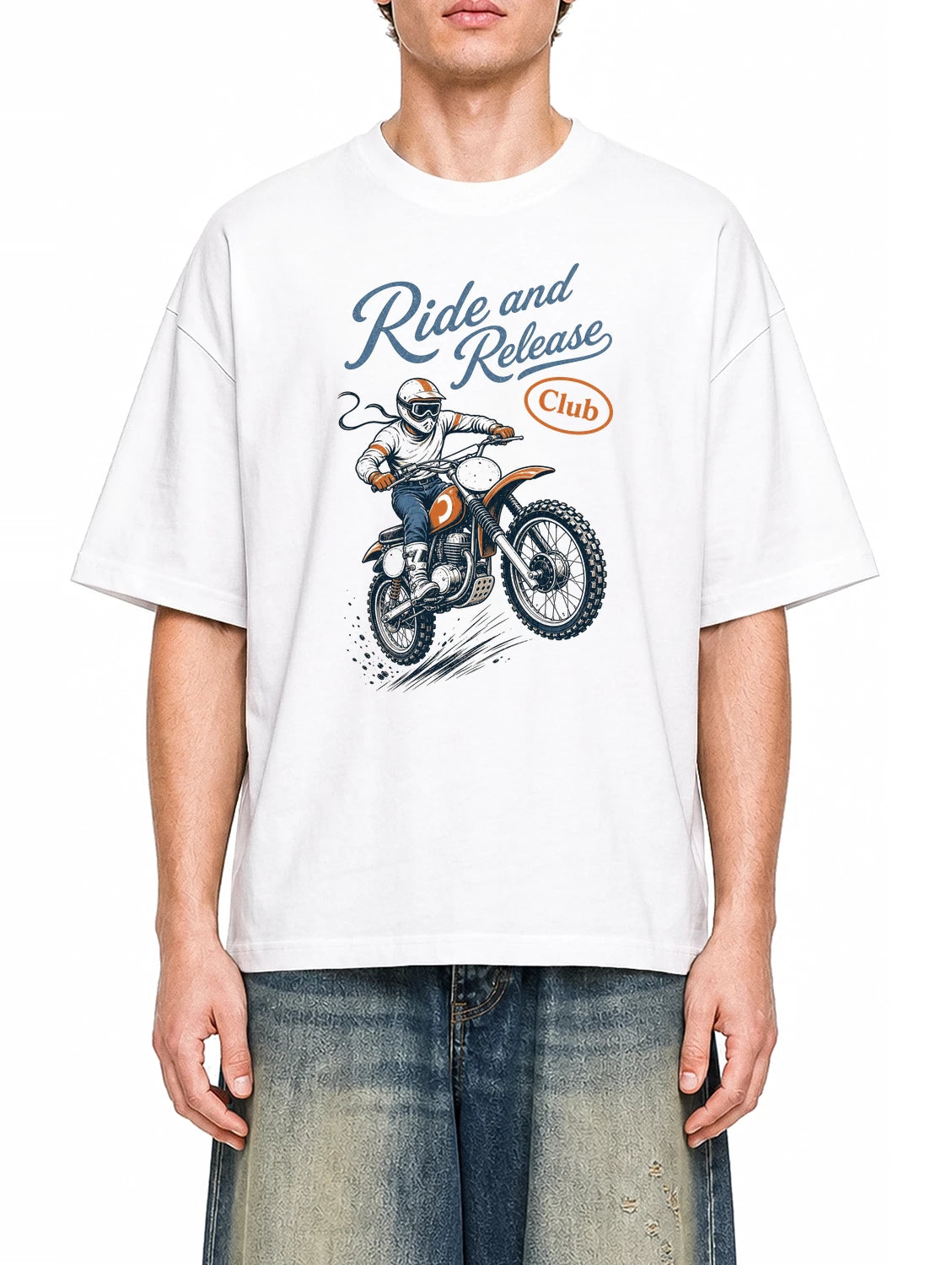Ride And Release Club White graphic T-shirt on model, front view