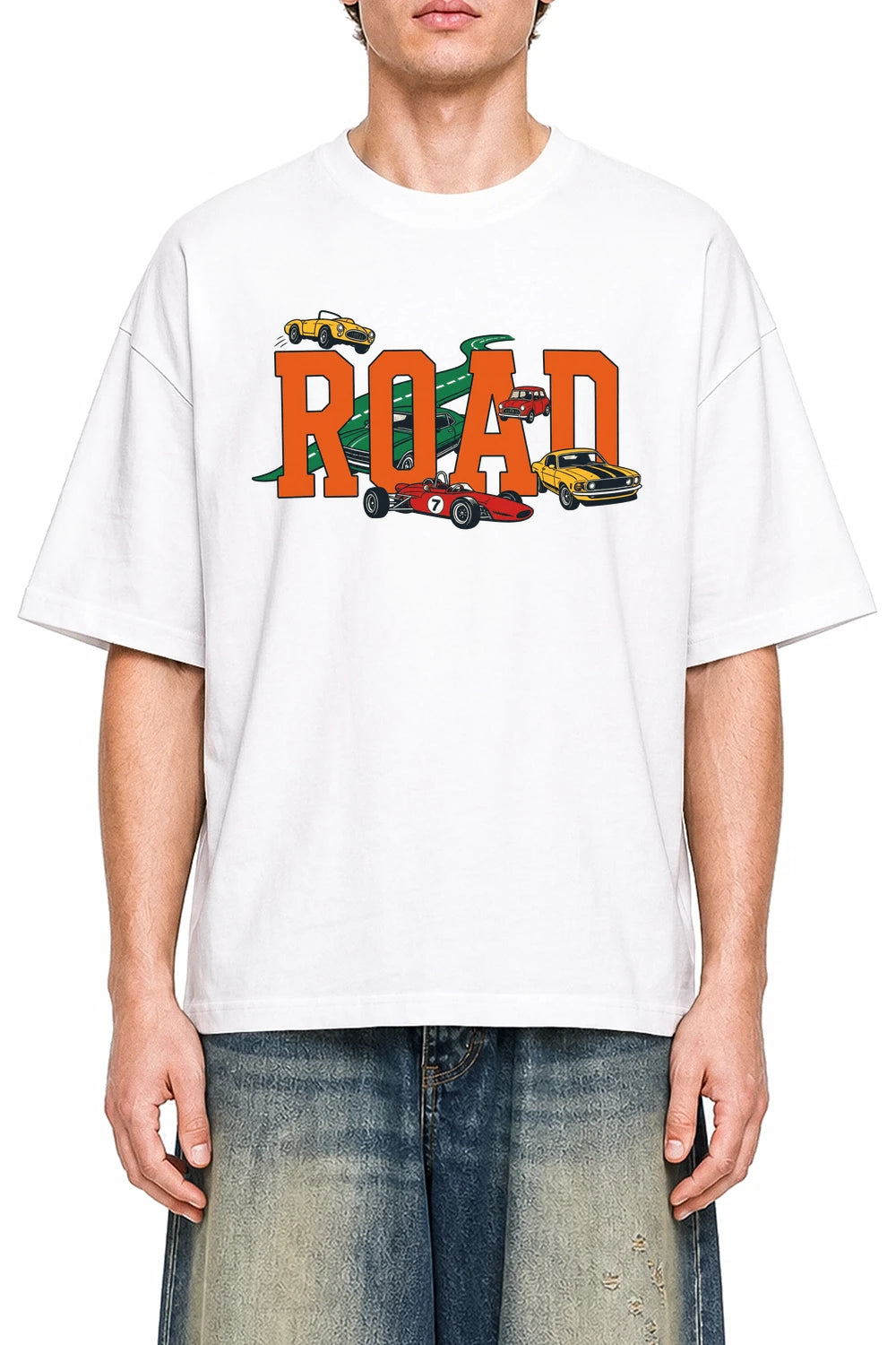 Road Rally White graphic T-shirt on model, front view
