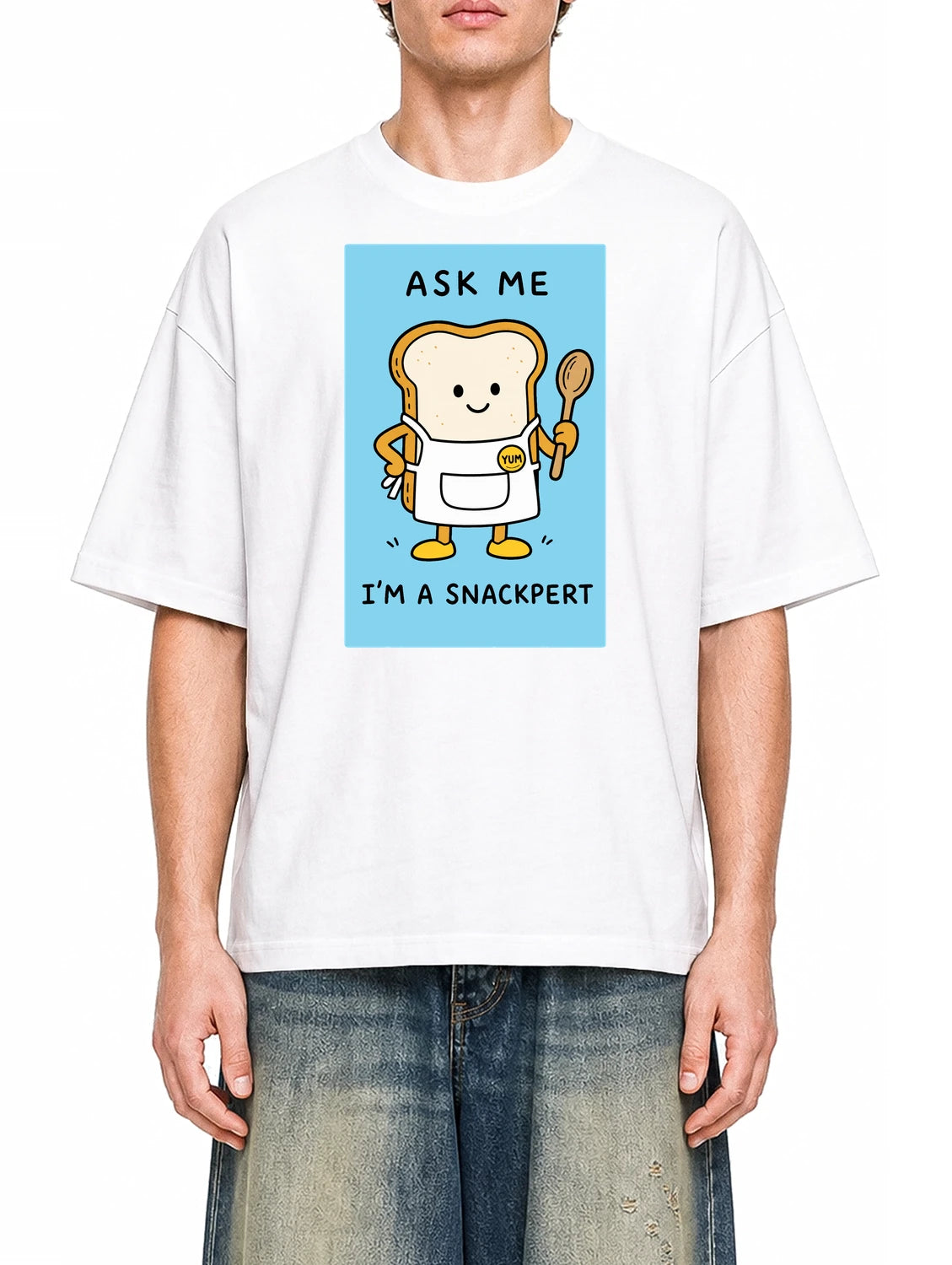Snackpert White graphic T-shirt on model, front view