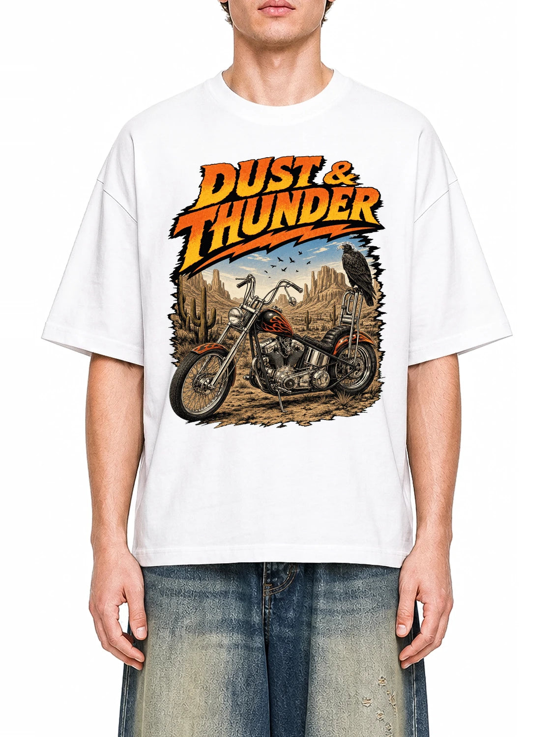 Dust And Thunder White graphic T-shirt on model, front view