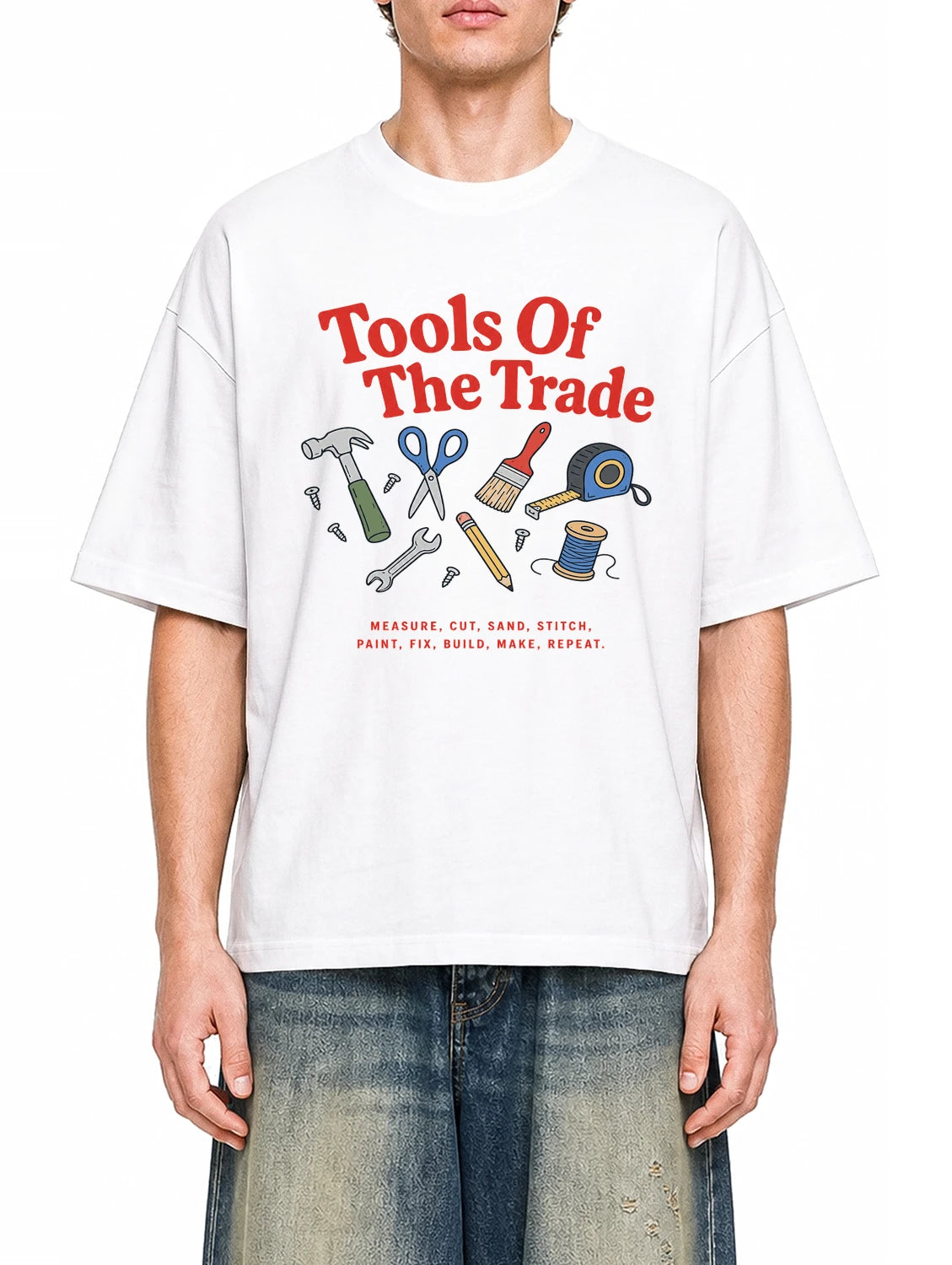 Tools Of The Trade White graphic T-shirt on model, front view