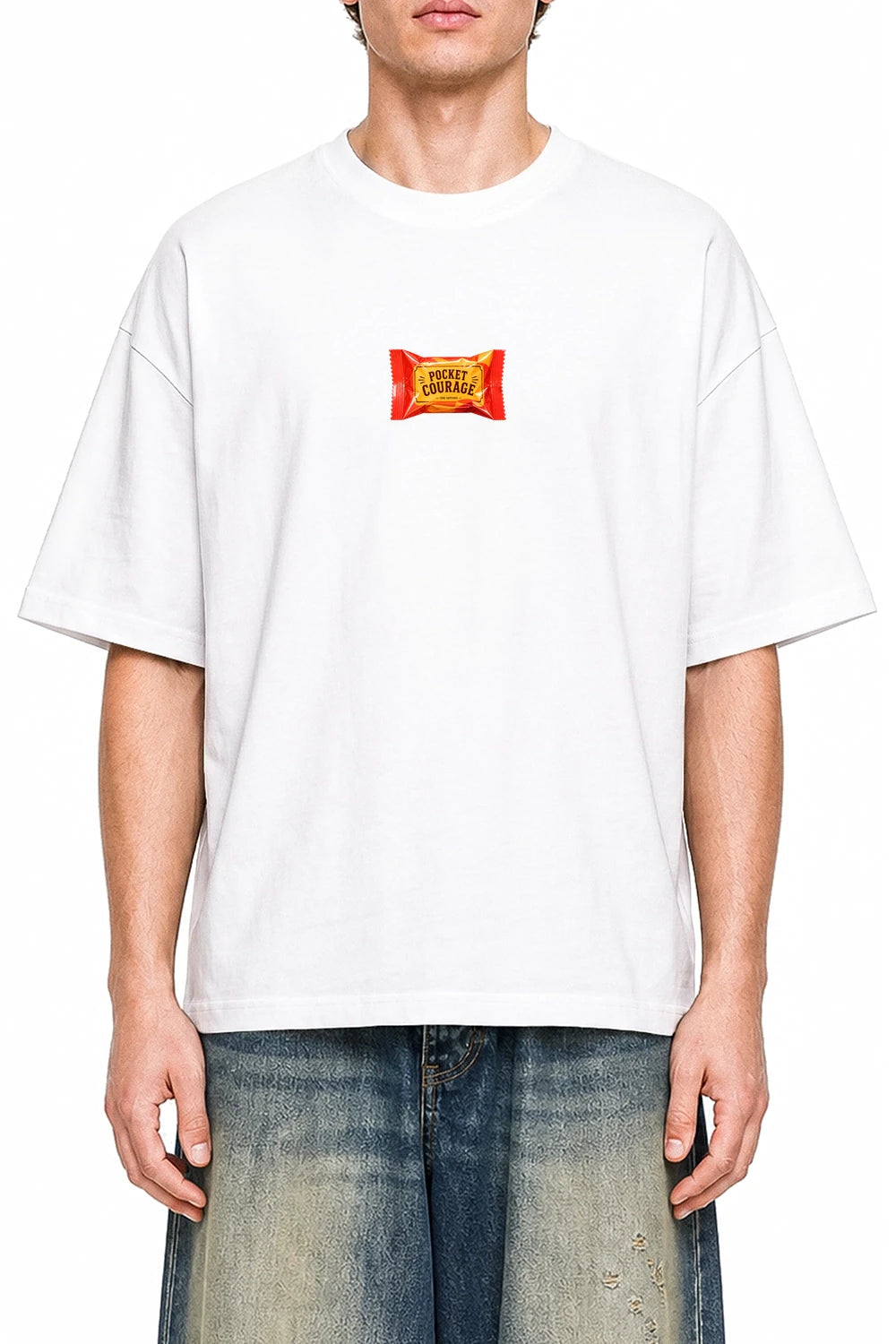Pocket Courage White graphic T-shirt on model, front view