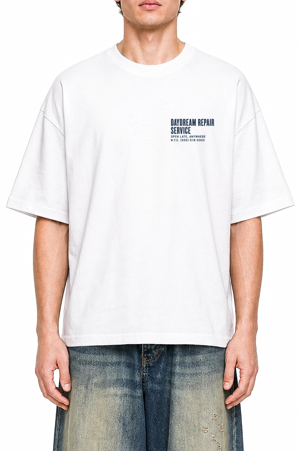 Daydream Repair Service White graphic T-shirt on model, front view