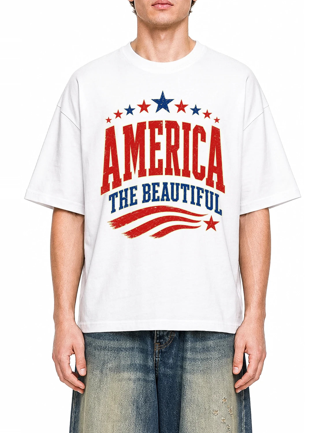 America The Beautiful White graphic T-shirt on model, front view