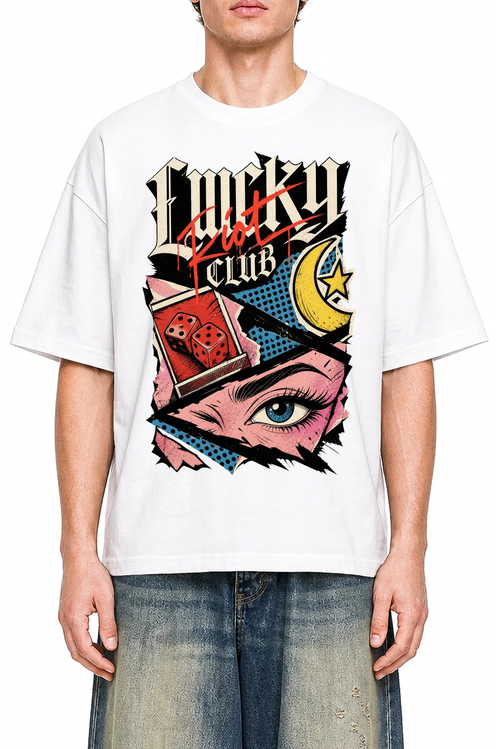 Lucky Riot Club White graphic T-shirt on model, front view